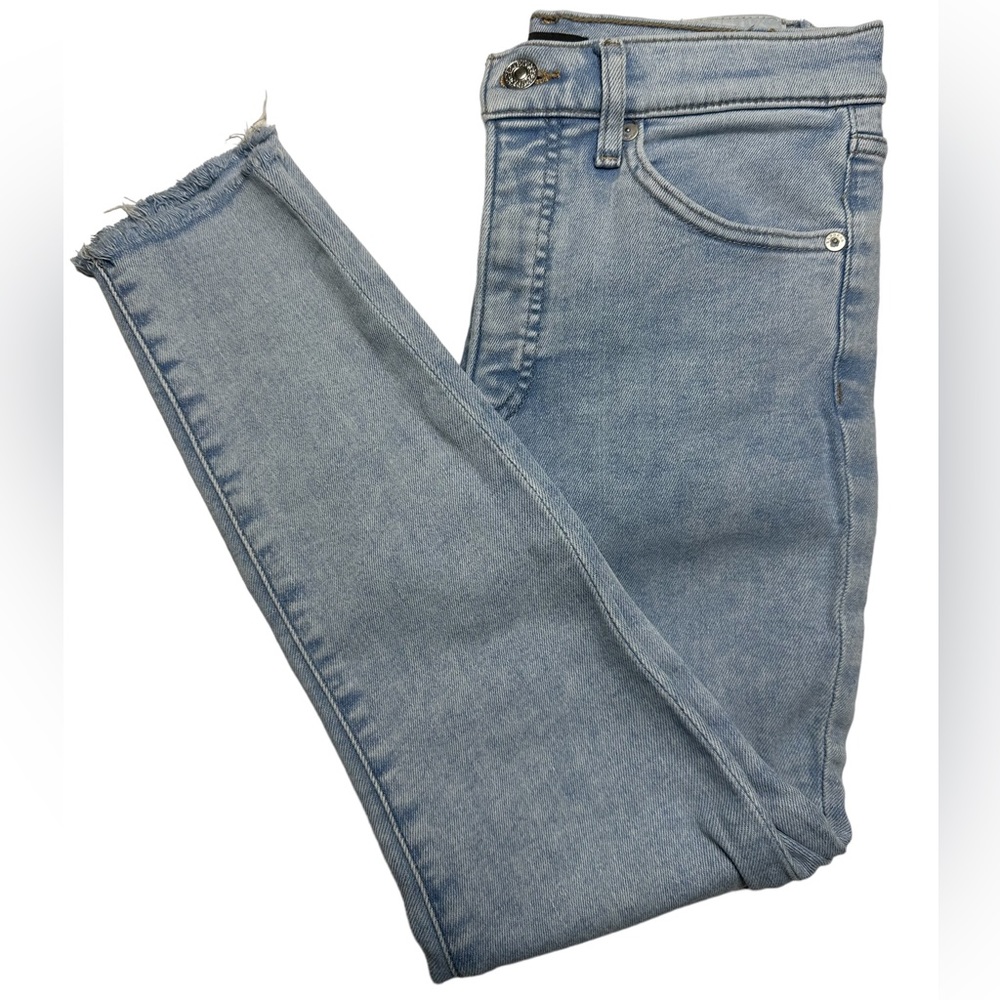Express women’s skinny jeans, size 4 mid rise, distressed bottom cuff, 5 pockets